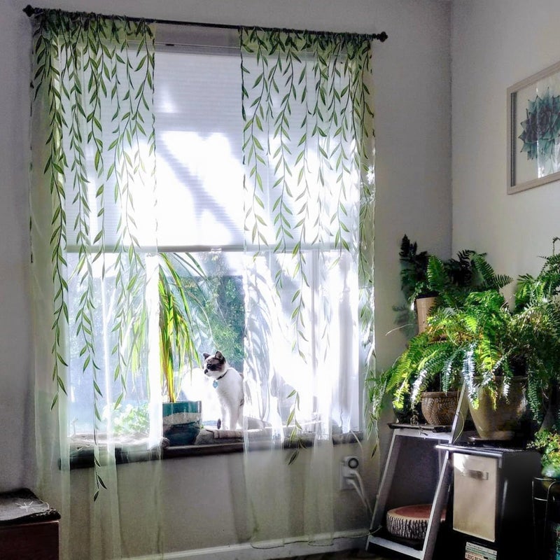 BROSHAN Green Leaf Pattern Sheer Voile Window Curtains for Kids Bedroom Living Room Cute Nursery Curtain Sheers 2 Panels, 78 inches Long, Pretty Vine Design - Image 1